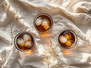 Refreshing Cocktails with Ice in Elegant Glasses on Soft Linen Fabric