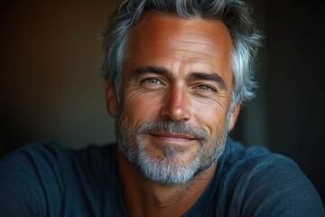 Obraz premium Close-up portrait of a middle-aged man with salt and pepper hair and beard smiling gently against a dark background