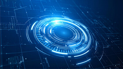 Futuristic digital interface. A neon blue circular design dominates the scene, with complex lines and patterns adding depth