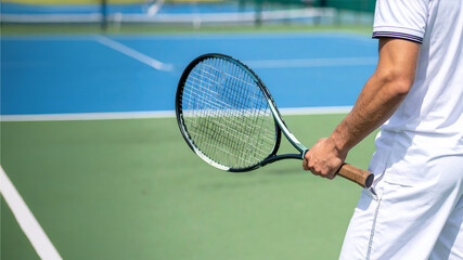 A tennis player holding a racket on a green court ready to play a match