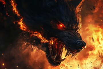Demonic wolf with glowing red eyes, sharp fangs, ferocious snarl, dark fur, claws, and hellfire flames erupting around it