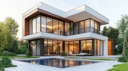 Fototapeta premium Luxurious Modern Home with Pool and Serene Landscaping, Architectural Beauty