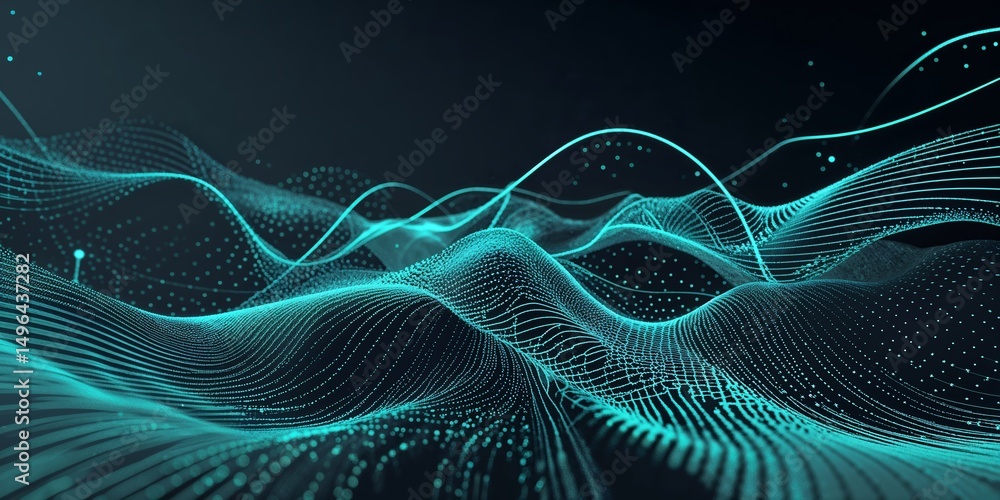 Poster vibrant digital wave patterns create a mesmerizing abstract landscape of lines and dots in a futuris