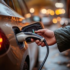 Close-up of man's hands holding smartphone while connecting EV charger with warm lighting and shallow depth of field, perfect for marketing and advertising use with copy space for text