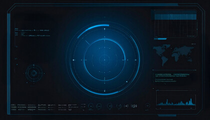A futuristic user interface with a blue radar, data displays, and a world map. It evokes a sense of technology and progress.
