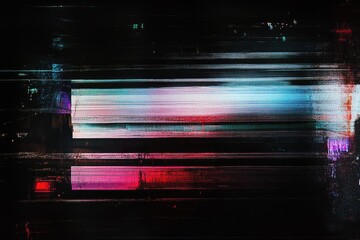 Abstract digital glitch effect with horizontal bars in blue, red, and black hues