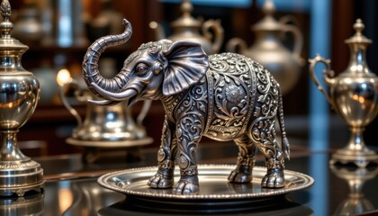 Fototapeta premium Decorative silver elephant sculpture art gallery metalwork elegant indoor display close-up view cultural significance