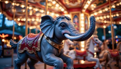 Whimsical carousel ride featuring elephant statue amusement park photography nighttime close-up fun and joy