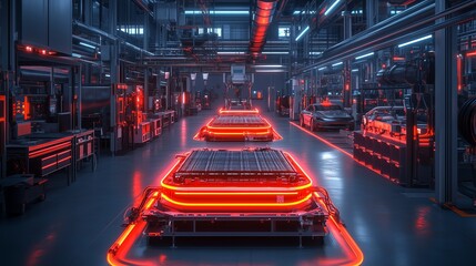 EV battery pack assembly line under neon factory lights showcasing hyper-detailed components and technical ambiance, ideal for industrial and technology-related content
