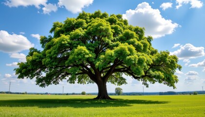 Fototapeta premium Majestic green tree in vibrant field nature landscape photography under clear blue sky peaceful environment