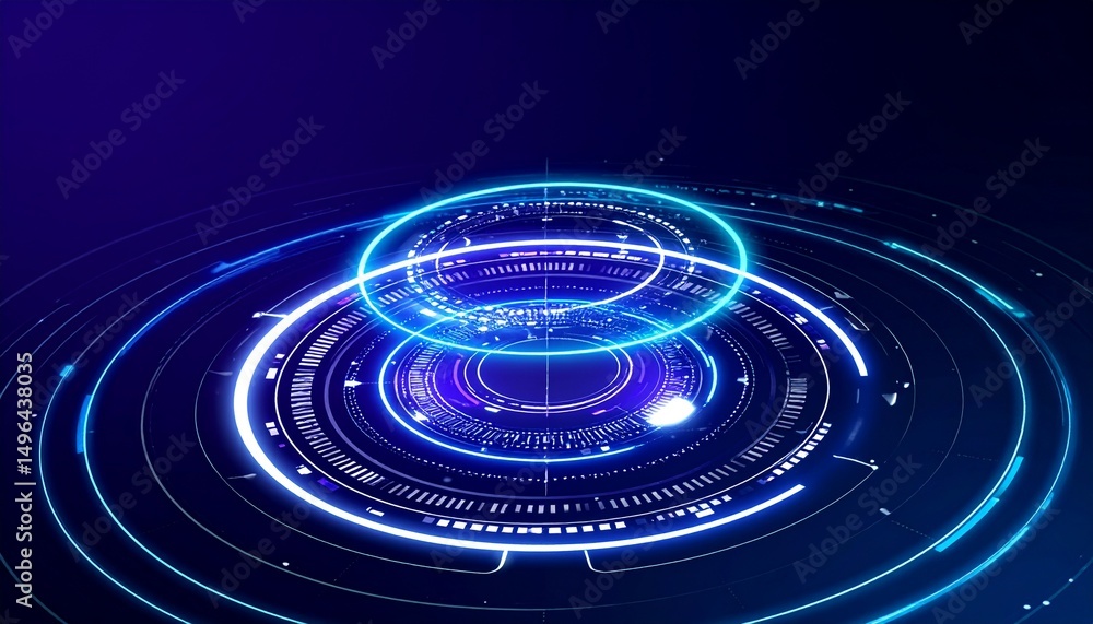 Poster an abstract digital user interface with futuristic blue glowing circles and lines. this image sugges