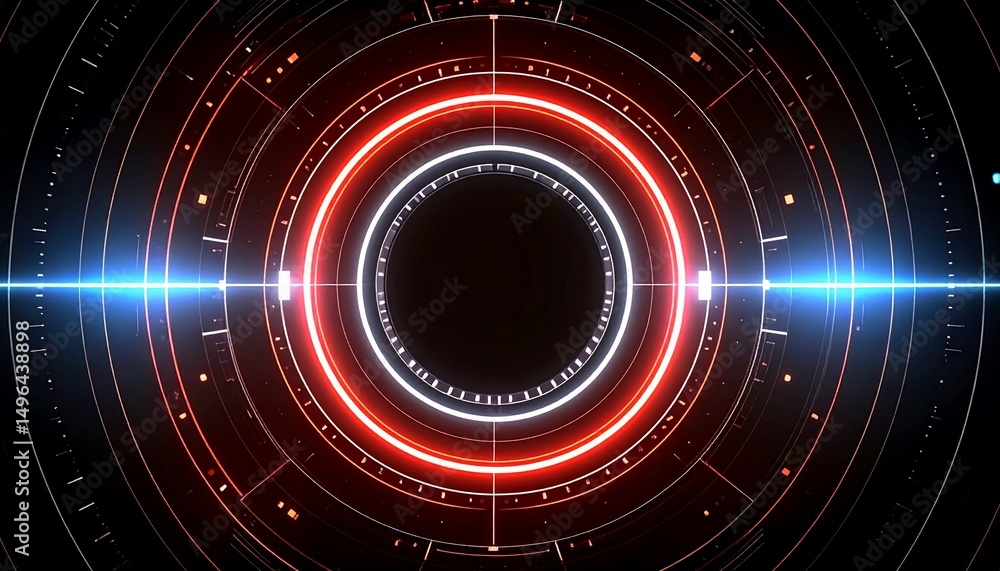 Poster futuristic red and blue techy background with a glowing circular interface