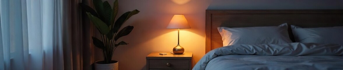 A serene bedroom scene featuring a minimalist nightstand with a stylish table lamp casting a warm, inviting glow on a soft, plush bed , comfort, bedroom furniture, sophisticated