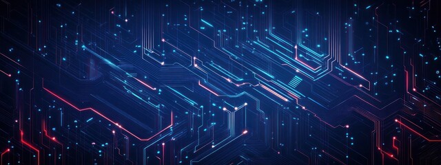 Abstract futuristic digital circuit board with glowing blue and red lines and dots on a dark background conveying technology and data flow