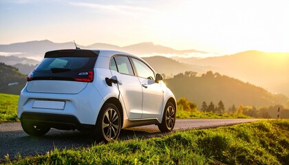 Small Electric Car in Misty Countryside Morning