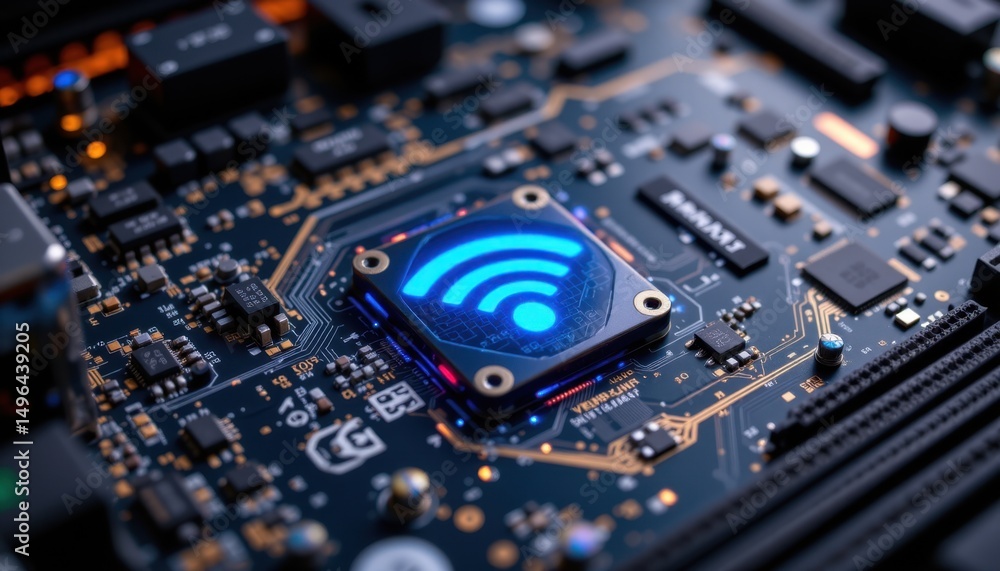 Poster exploring wireless technology innovations circuit board digital close-up tech environment macro view