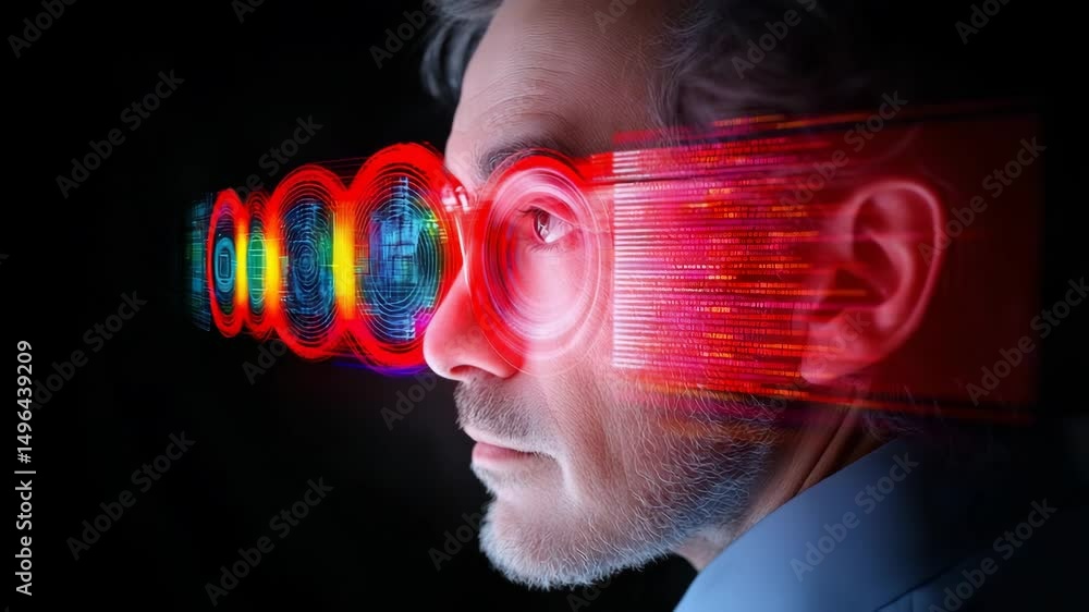 Poster man experiencing augmented reality: a man wearing glasses experiences a vibrant augmented reality ov