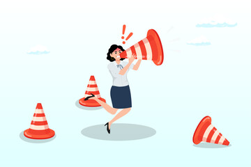 Businesswoman shouting loud voice message on big safety pylon, communicate urgent message, warning or danger alert, broadcast announcement, attention or loudspeaker screaming advertising concept