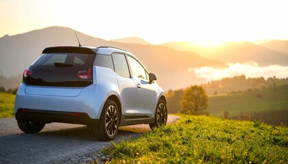 Naklejka premium Small Electric Car in Misty Countryside Morning
