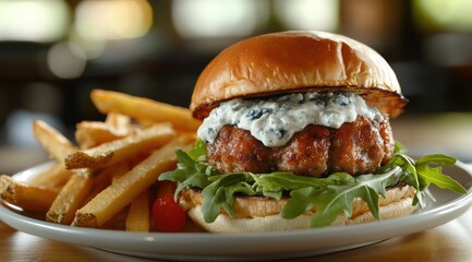 Juicy gourmet burger on a toasted bun, topped with creamy blue cheese dressing and arugula, served alongside a portion of golden-brown french fries