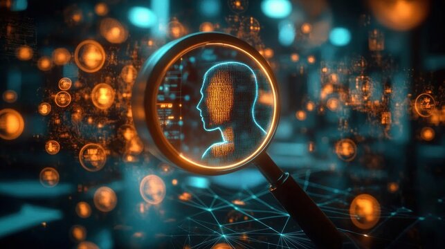 Magnifying glass focusing on a digital human profile formed by binary code surrounded by data points and network connections in a futuristic digital environment
