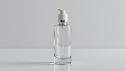 Naklejka premium Glass bottle for skincare products minimalist setting photography indoor straight-on view beauty concept