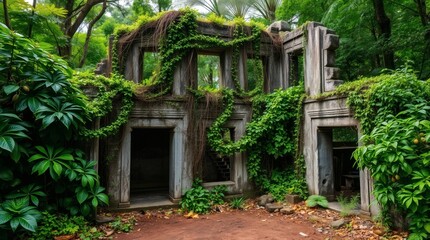 Old wooden house in a summer forest village landscape with trees and grass.