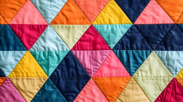 Vibrant patchwork of colorful triangles on modern quilting fabric