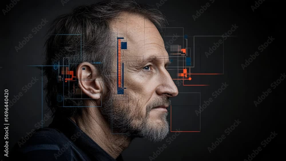 Poster mind's eye: a man's portrait in profile, juxtaposed with abstract digital overlays, hinting at the c