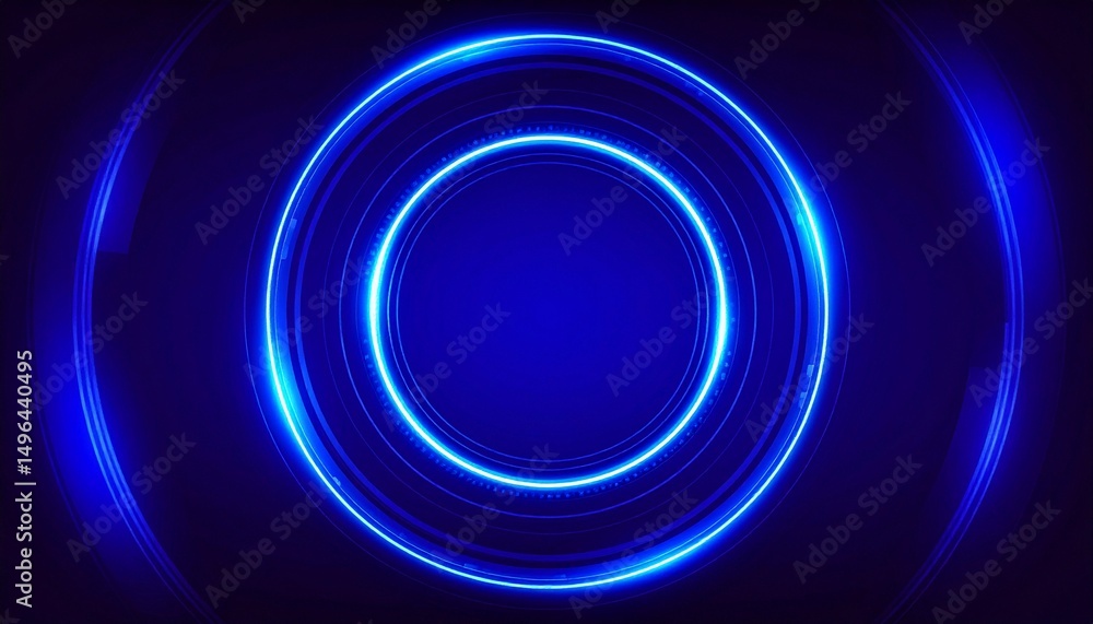 Poster abstract image of glowing blue neon circles on a dark background. the concentric circles create a fu