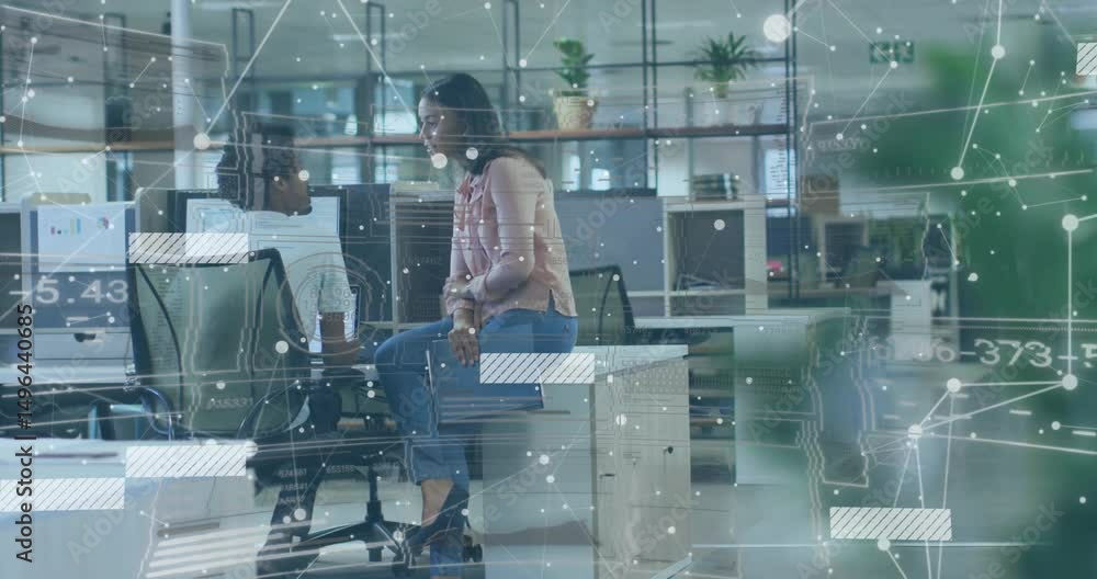 Poster woman tapping desk opening folder asking man swiveling reviewing business docs with network overlay