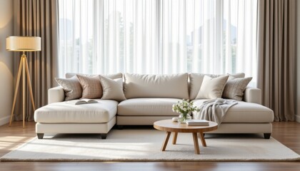 Fototapeta premium Relaxing living room setup featuring a cozy sofa bright natural light modern decor comfortable atmosphere