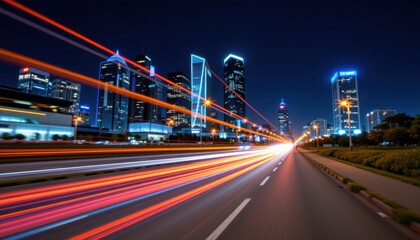 Fototapeta premium Dynamic light trails from moving cars downtown skyline night photography urban environment low angle city life