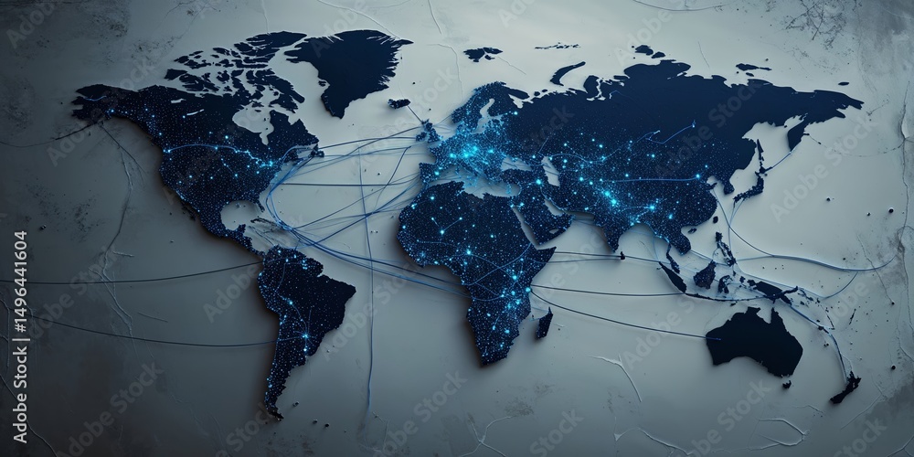 Poster global network connectivity visualized through illuminated cityscapes across a dark world map
