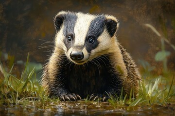 Fototapeta premium Close-up of a young badger lying on wet ground surrounded by grass, with an alert and curious expression