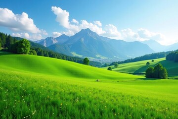 Rolling green meadow with distant mountain backdrop, lush, scenery
