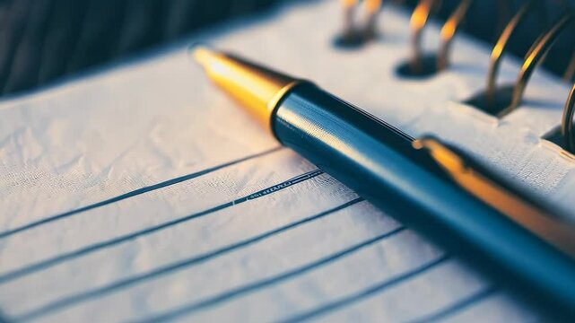 Close-Up of Pen and Notebook with Spiral Binding on Wooden Table