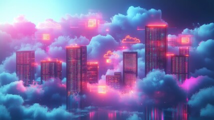 Obraz premium Futuristic city skyline with tall illuminated skyscrapers enveloped in glowing neon clouds and digital icons emitting bright pink and blue lights