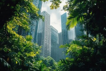 Lush tropical greenery framing towering modern glass skyscrapers under a bright sky, blending urban architecture with vibrant nature