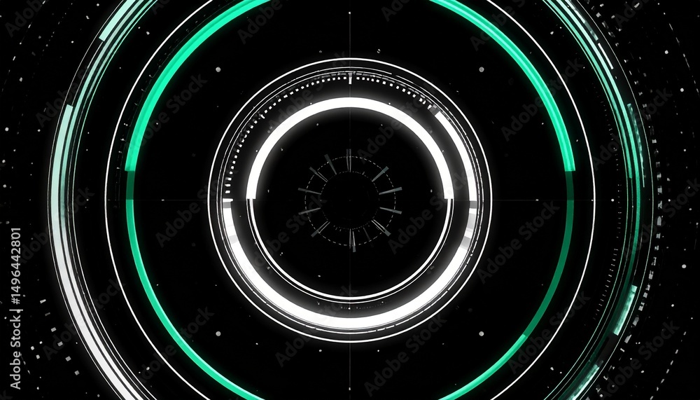 Poster futuristic abstract geometric design with glowing circles and neon elements against a dark backgroun