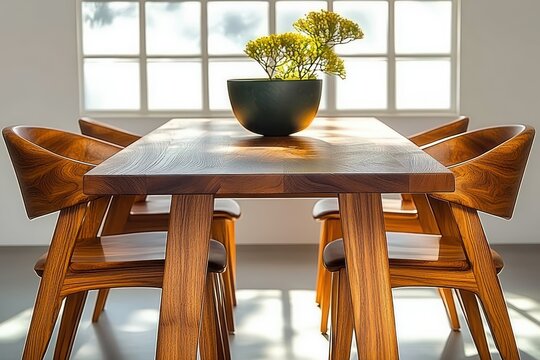 Minimalist wooden dining table with six matching chairs in bright room with large window and black vase holding yellow flowers centered on table - Powered by Adobe