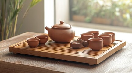 A terracotta teapot and eight small cups rest on a wooden tea tray, set on a wooden table near a window. Soft natural light illuminates the scene