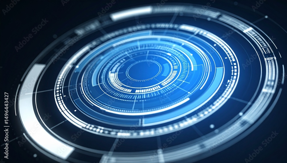 Poster a blue technological user interface with intricate designs, suggesting advanced systems and modern d