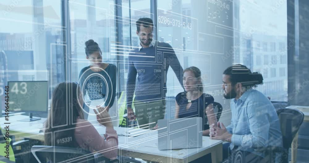 Aufkleber seated woman placing document and pointing causing business charts floating as team reviewing data