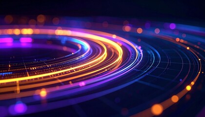 Obraz premium Abstract glowing circles with a futuristic concept in a dark background. They seem to be spinning in a 3D style, reflecting the lights of a neon-like effect in shades of pink and orange.