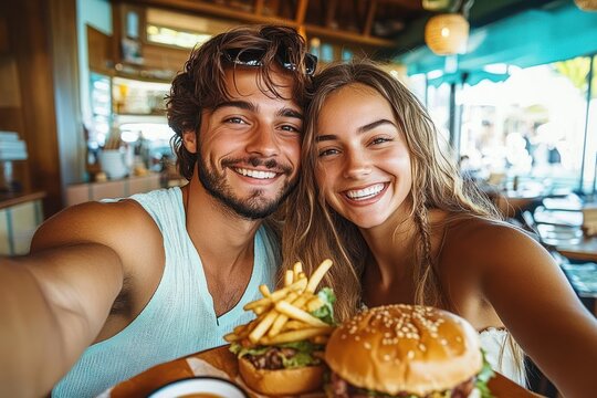 Happy young couple taking selfie while enjoying burgers and fries in a bright modern restaurant - Powered by Adobe
