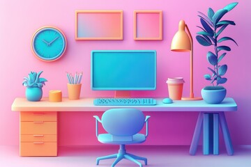 Modern colorful workspace with computer, chair, plants, clock, lamp, pencil holder, coffee cup, and decorative frames on pink gradient background