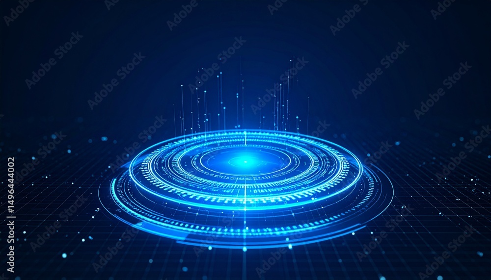 Poster futuristic digital circle with radiant light, representing technological innovation and advancement.