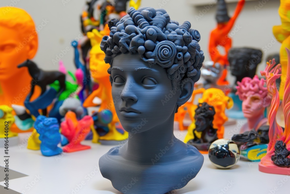 Poster bust sculpture of a person surrounded by colorful 3d printed artworks in a creative space, 3d printe