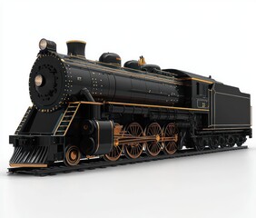 Fototapeta premium Black vintage steam locomotive with copper accents standing on railway track against white background